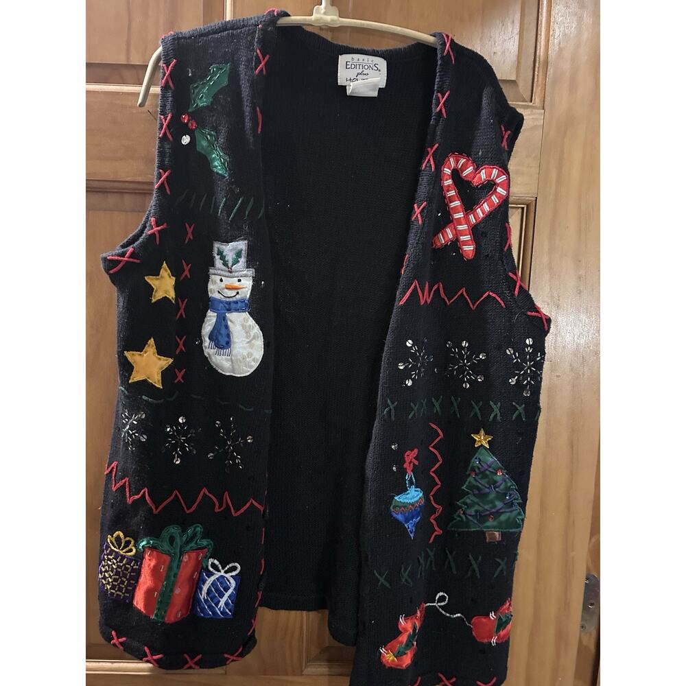 Vtg KMART BASIC EDITIONS Holiday Ugly Christmas Sweater Vest 1X Sequins Tree